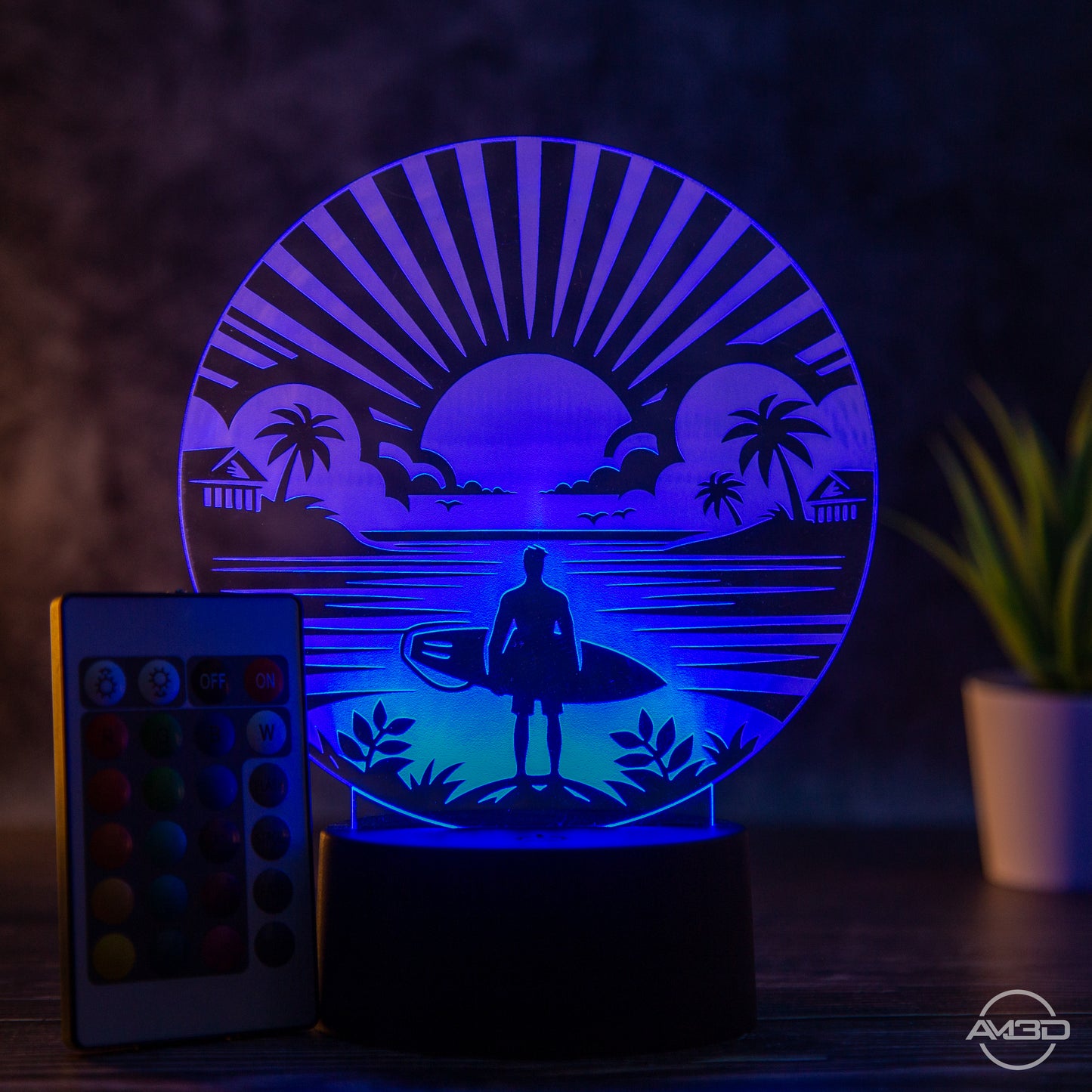 LED Tischlampe aus Acryl mit Surfer am Strand – Das perfekte Geschenk für Surfer!