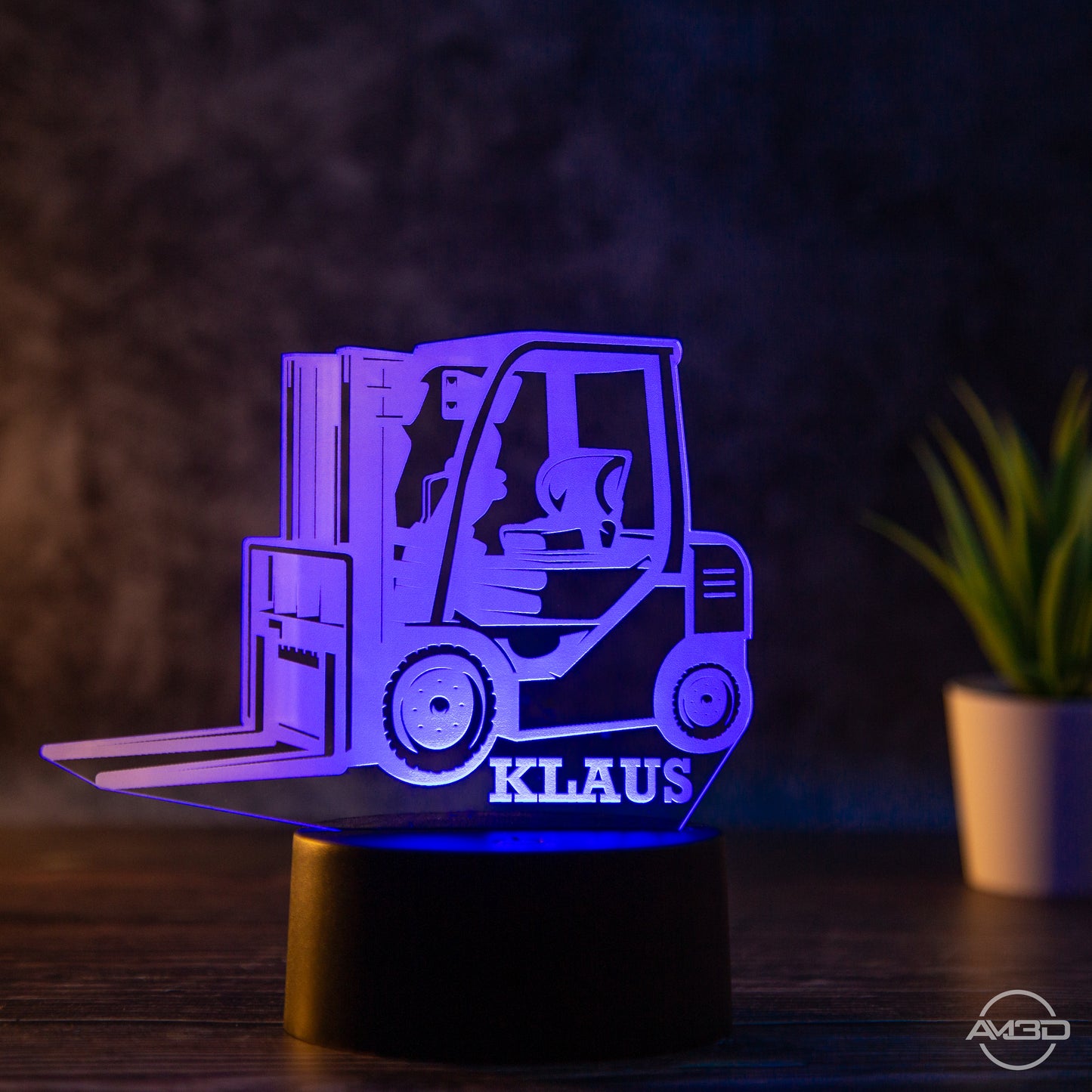 personalisierbare LED Tischlampe aus Acryl - Gabelstapler