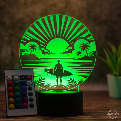 LED Tischlampe aus Acryl mit Surfer am Strand – Das perfekte Geschenk für Surfer!